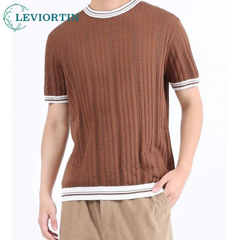 2024 الصيف الرجال الحرير الجليد محبوك قصيرة الأكمام الراقية تي شيرت ، الأعمال عارضة الأزياء العصرية العلامة التجارية فضفاض تي شيرت أعلى #1