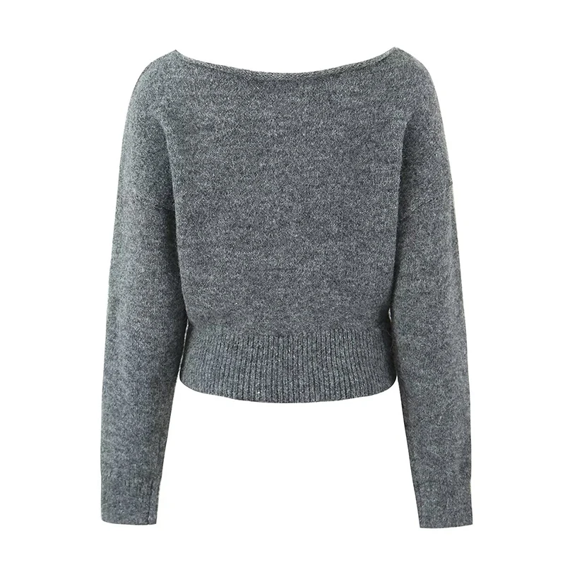 YENKYE Women Casual Sexy V  Neck Long Sleeve Knitted Pullovers  Autumn Winter Gray Sweaters