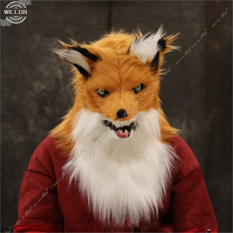 Maschera in peluche di volpe gotica – Design a bocca aperta con zanne realistiche per Halloween/performance sul palco Nero/Grigio Unisex per adulti