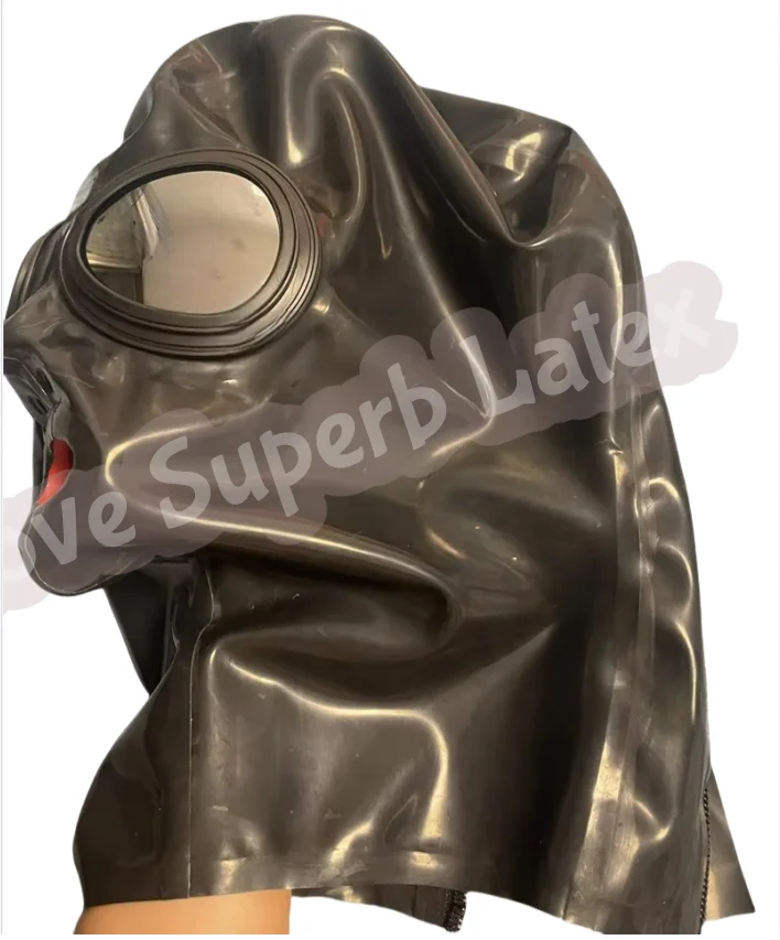 Vollständige Abdeckung der Latexmaske mit Augenglas, 15 cm langem Nasenschlauch und roten Zähnen, sexy Latex-Gummi-Maske, Augenglas-Gegenlichtblende