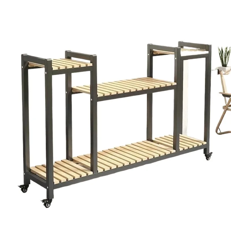 Iron Art Plant Stand – Creative Indoor & Outdoor Double-Layer Movable Flower Pot Rack with Solid Wood