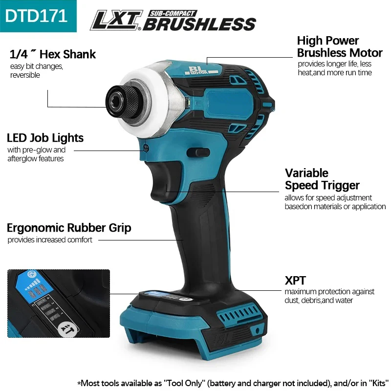 For Makita DTD171 Brushless Impact Driver Rechargeable Screwdriver Drills Cordless Power Tools 18V BL Motor Bare Tool Unit Tools