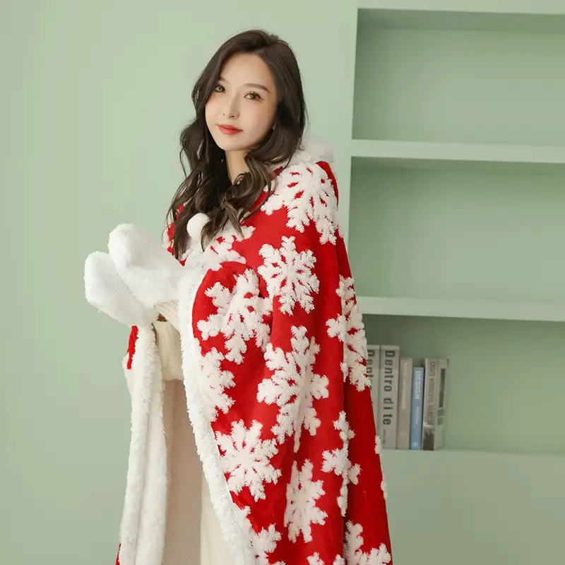 Warm Wearable Blanket Angel Wrap Shawl Coral Sherpa Poncho Blanket with Hats and Gloves for Sofa Bed Office Travel  Cape Wrap