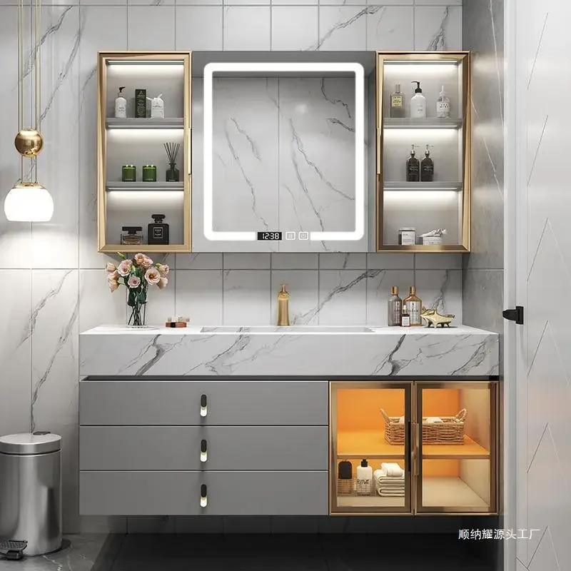 

Light Luxury Solid Wood Bathroom Cabinets Rock Slab Integrated Washbasin Bathroom Vanity Cabinet with Sink Bathroom Furniture
