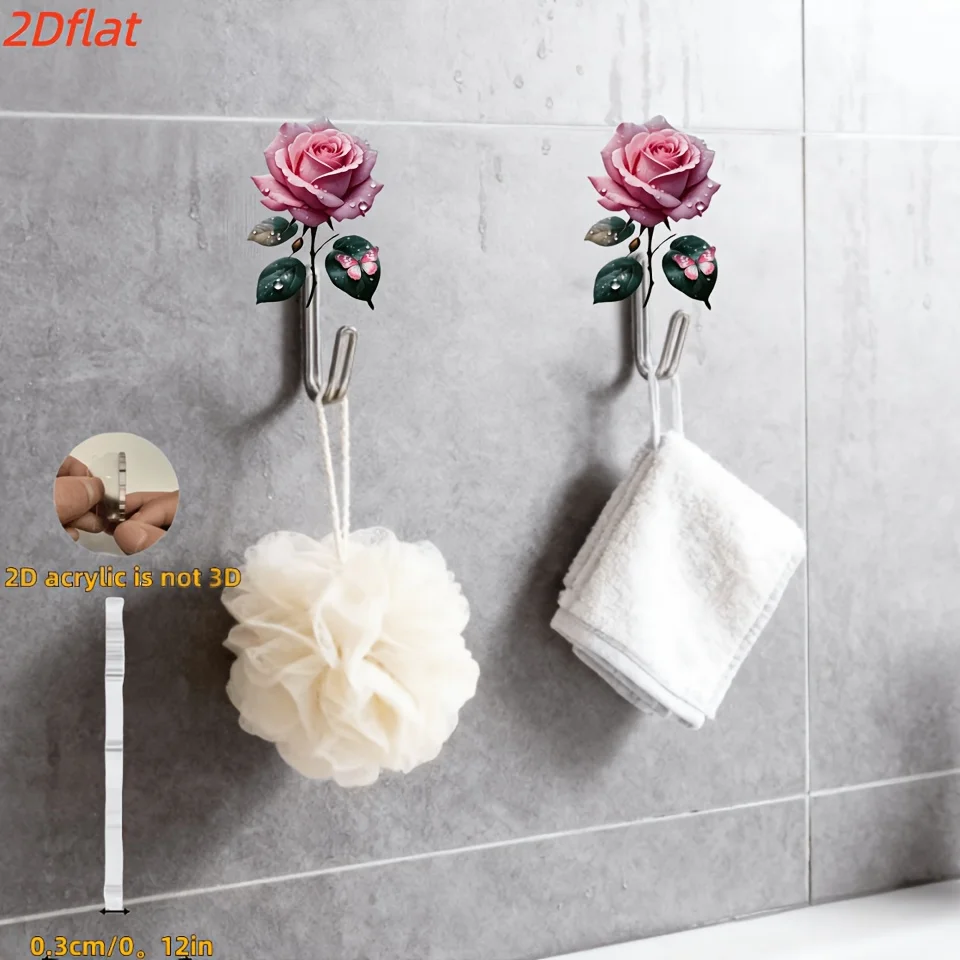 Pink Rose Butterfly Acrylic Self Adhesive Wall Hooks, No Drill Floral Decor Double J Metal Hook, Waterproof Punch-Free Towel Bath Sponge Hanging Hooks For Bathroom Shower Room Wholesale