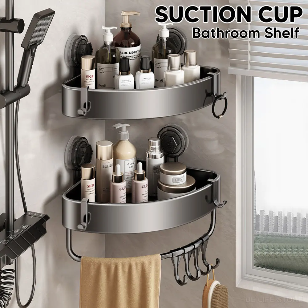 Suction Cup Shelf For Bathroom Aluminum Shower Organizer Wall Corner Shelf Without Drilling Bathroom Accessories