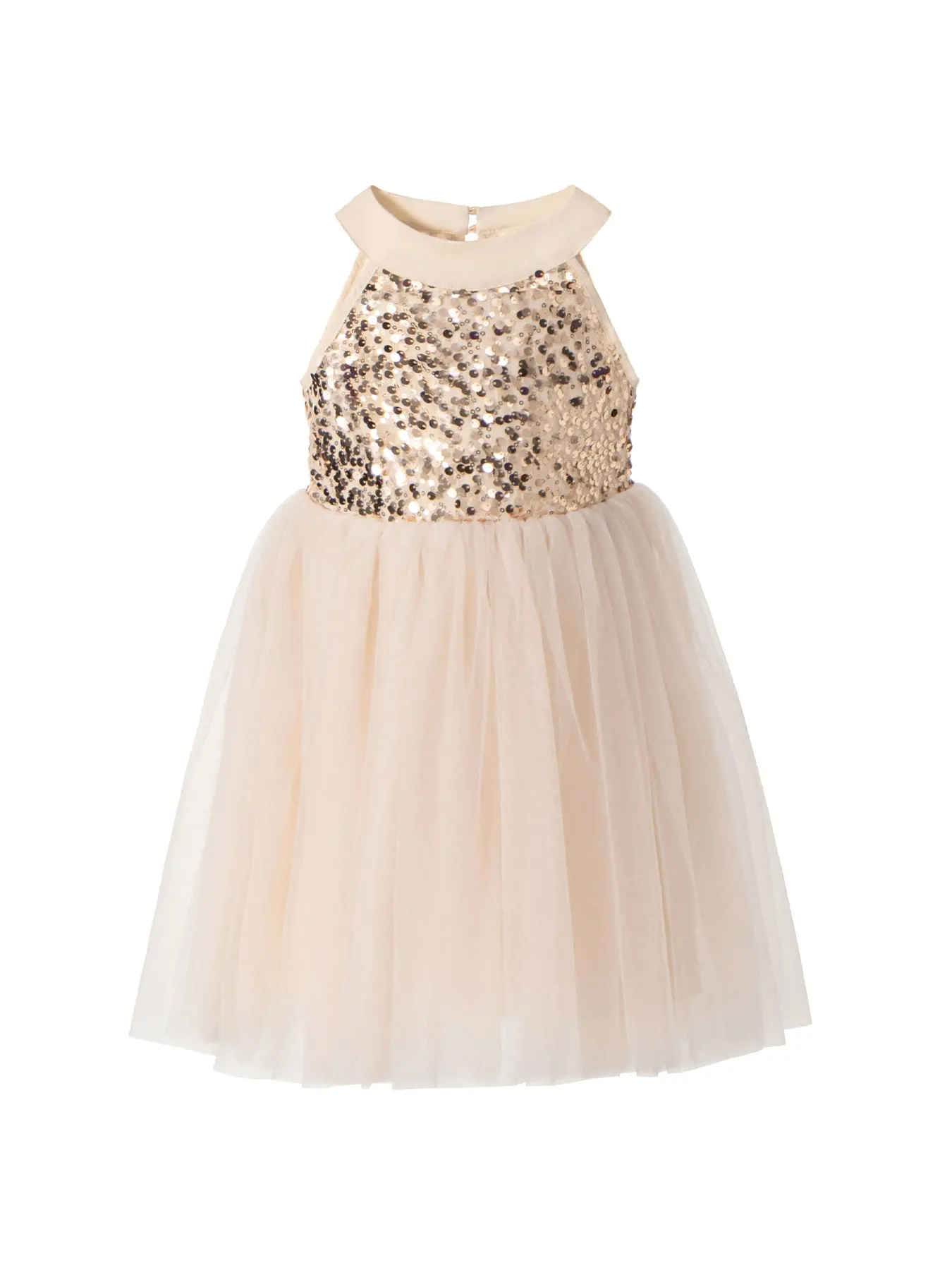 Fashionable Girls' Champagne Black Party Halter Sequin Dress, Solid Color Multi-Layered Tulle Skirt, Comfortable, Soft, Breathable, Suitable for Spring Outings, Family Gatherings, Halloween, Christmas, Birthday Parties, Princess Dress