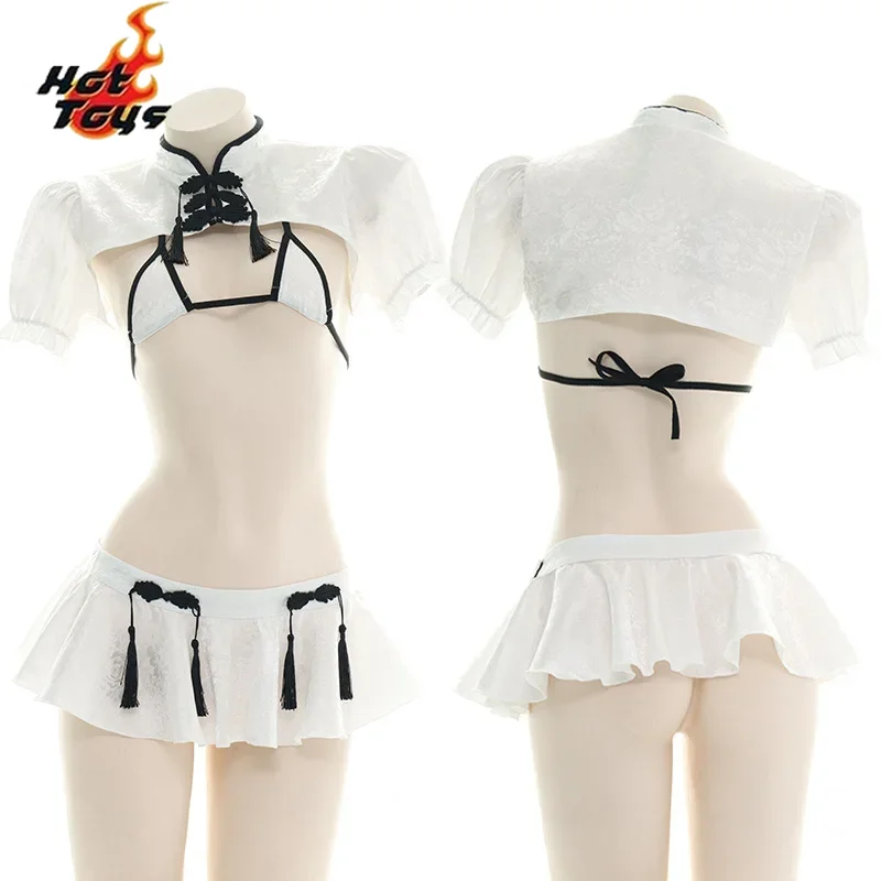 Costume d'écolière de femme de chambre mignonne, lingerie coquine Kawaii, mini bikini blanc, mini jupe de soutien-gorge, Cheongsam Py Play, 7.0