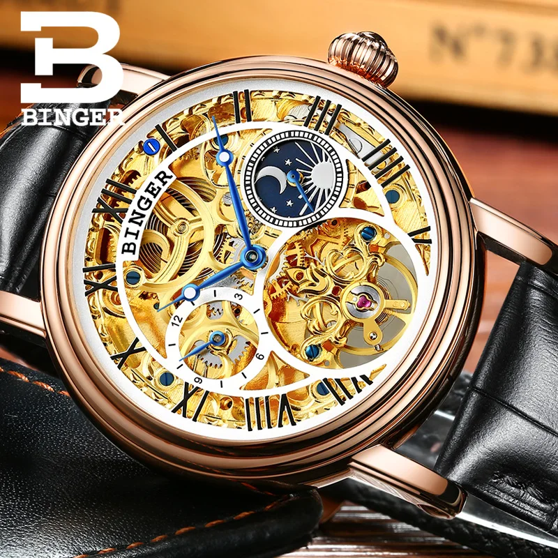 Switzerland BINGER For Mens Business Skeleton Automatic Wristwatch Sapphire Crystal Mechanical Hollow Out Dial Relogio Masculino