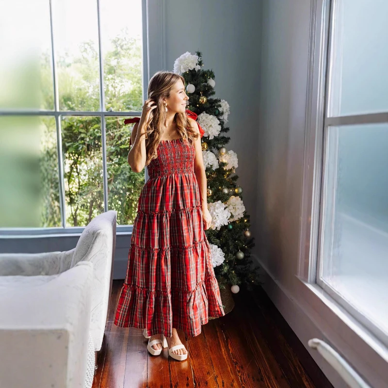 

2025 Hot Selling New Christmas Colored Checkered Strap Printed Waist Cinching Dress for Women