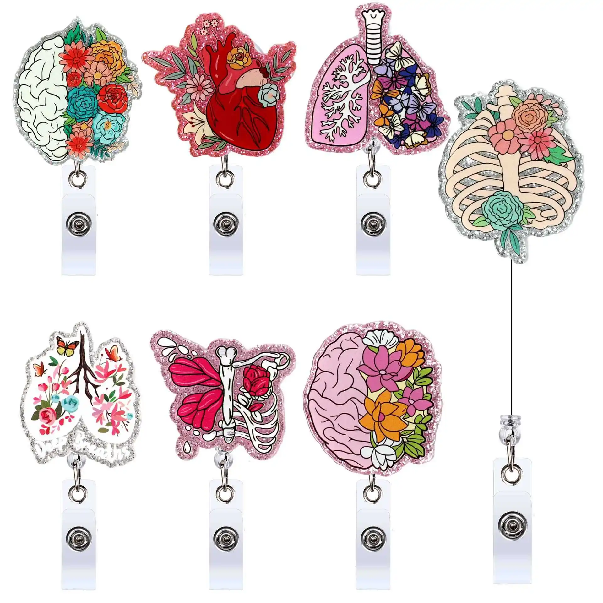 Hot Sales 1 Piece Shiny Acrylic Anime Floral Heart Lung Brain Human Organ Retractable Nurse Badge Reel Doctor ID Card Holder