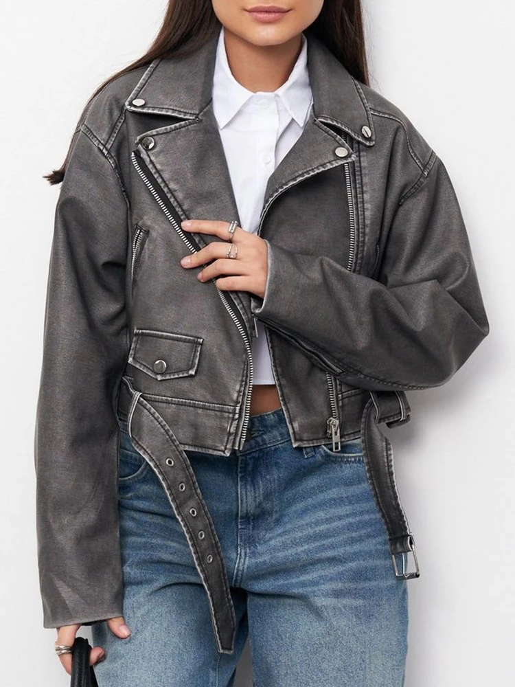 Ailegogo New Streetwear Women Retro Short Pu Faux Leather Jacket Vintage Female Spring Autumn Zipper Belt Coat Outwear