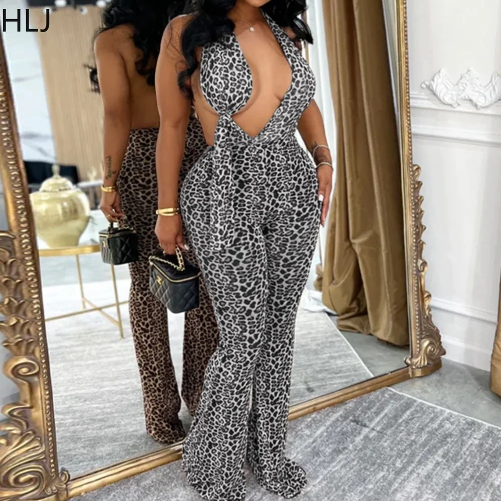 

HLJ Sexy Leopard Print Bodycon Jumpsuits Woman Halter Hollow-out Backless Rompers Female Party Clubwear Overalls 2025 Winter New