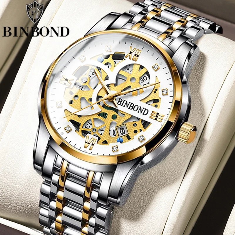 BINBOND Business New Automatic Non-Mechanical Quartz Watches 30M Waterproof Luminous Tourbillon Trendy Hollow Design Men Watches