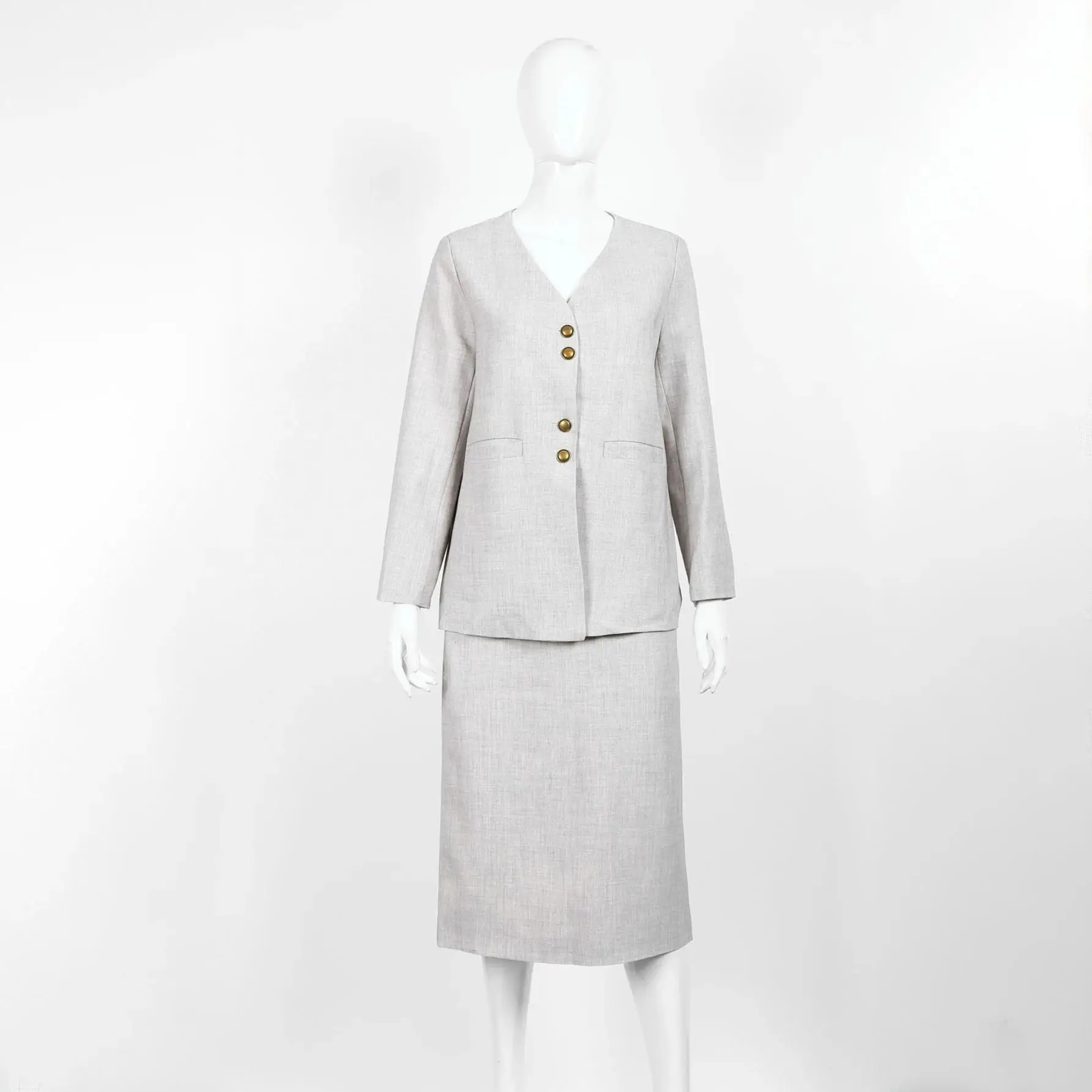 

Весна 2024, женский серый твидовый комплект из двух предметов, блейзер на пуговицах с v-образным вырезом, миди, юбка-карандаш, женский элегантный торжественный наряд, модный женский