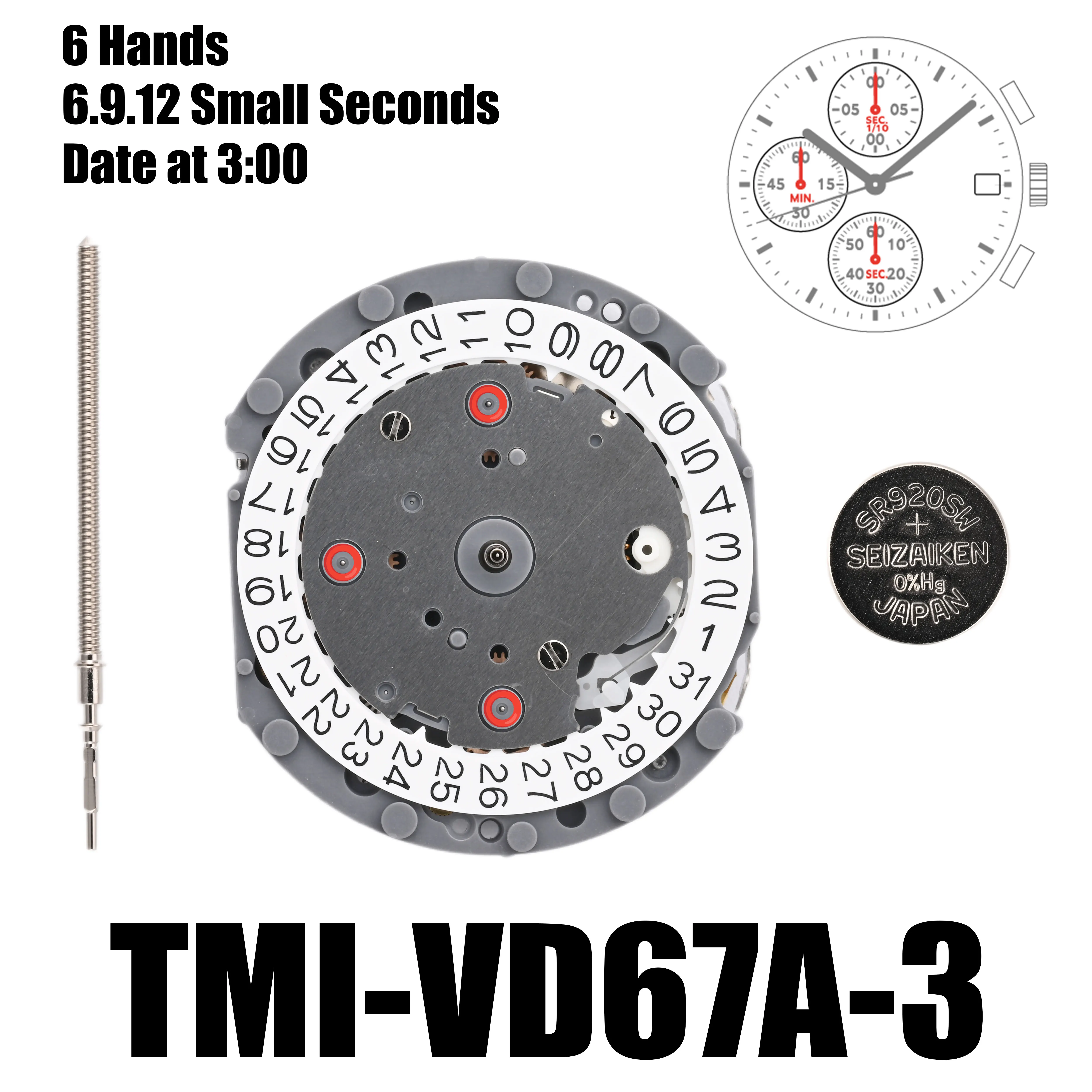

VD67 Movement TMI Vd67A Movement 6 Hands 6,9,12Small Second Date At 3:00
