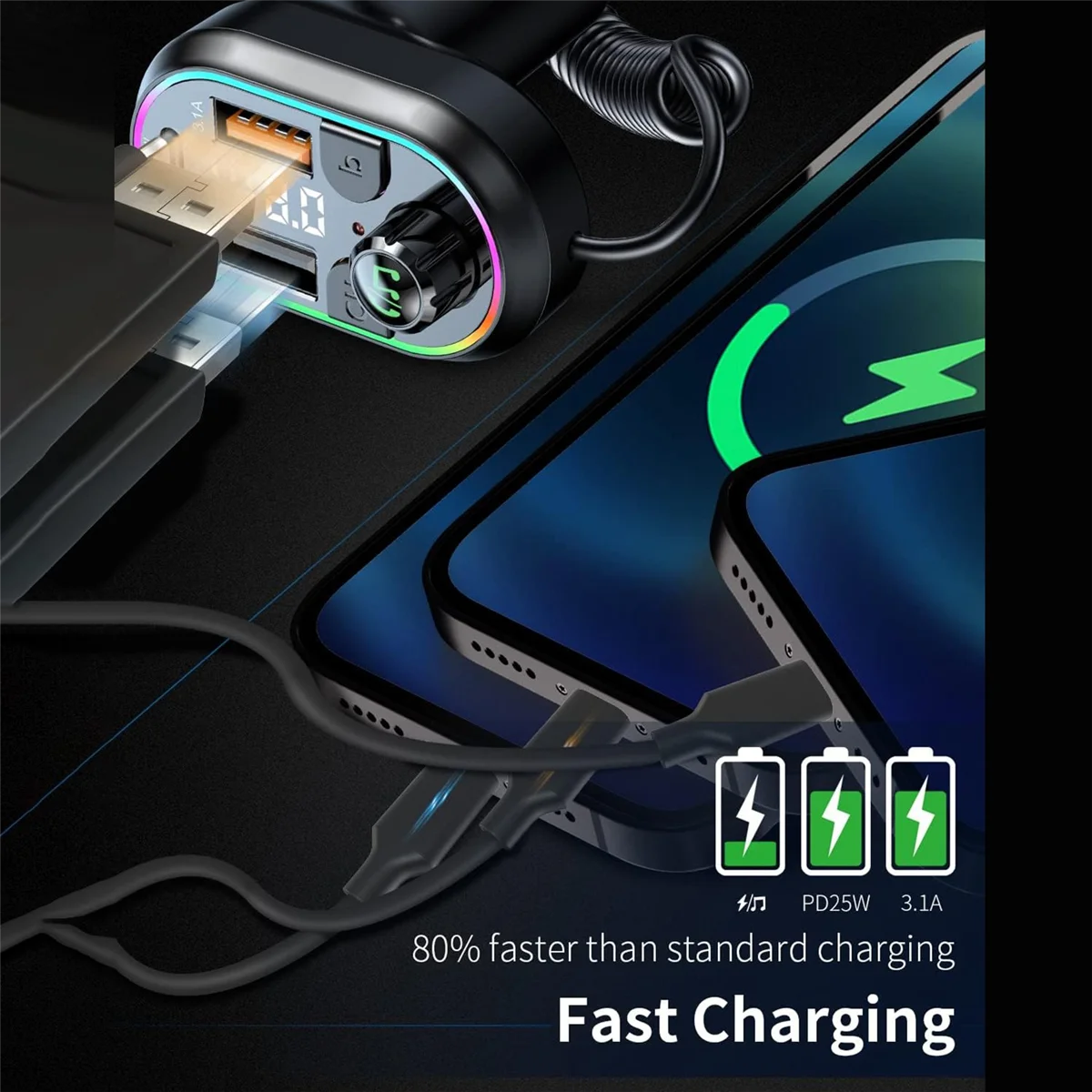 شاحن سيارة شاحن سيارة لاسلكي بلوتوث 5.0 FM جهاز ريسيفر استقبال وإرسال يدعم خمسة أجهزة شحن موسيقى HiFi 7 ألوان