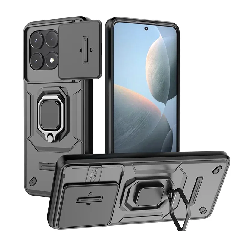 For Poco X6 Pro 5G Case Armor Shockproof Slide Lens Protect Funda for Poko Little X 6 Pro X6pro Pocox6pro Ring Holder Back Cover