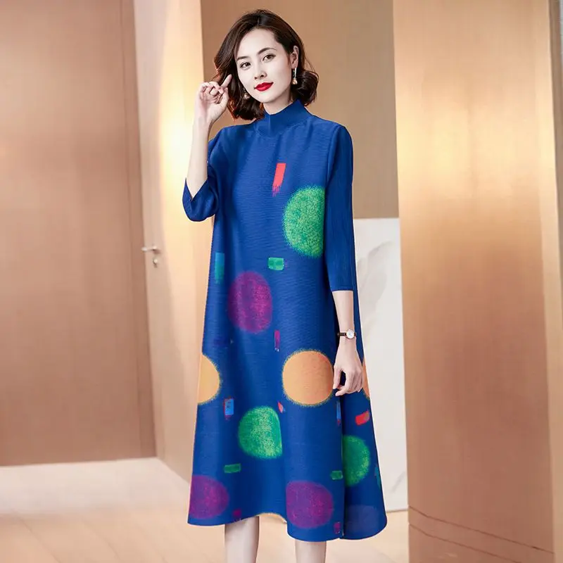 Colorful round fashionable dot print half high collar 3/4 sleeve pleated dress split hem medium length A-line skirt