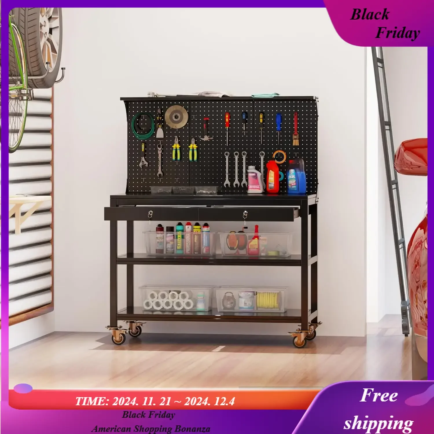 Workbench with Drawers,Heavy-Duty Steel Garage with Pegboard Shelves,Tool Bench with Wheels,