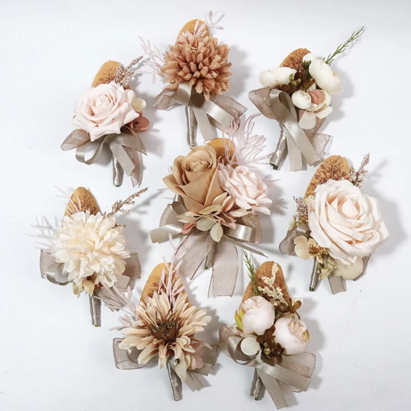 Vintage Coffee Artifical Flowers Groom Boutonnieres Handmade Buttonhole Pins Bridesmaid Marriage Wedding Accessoires