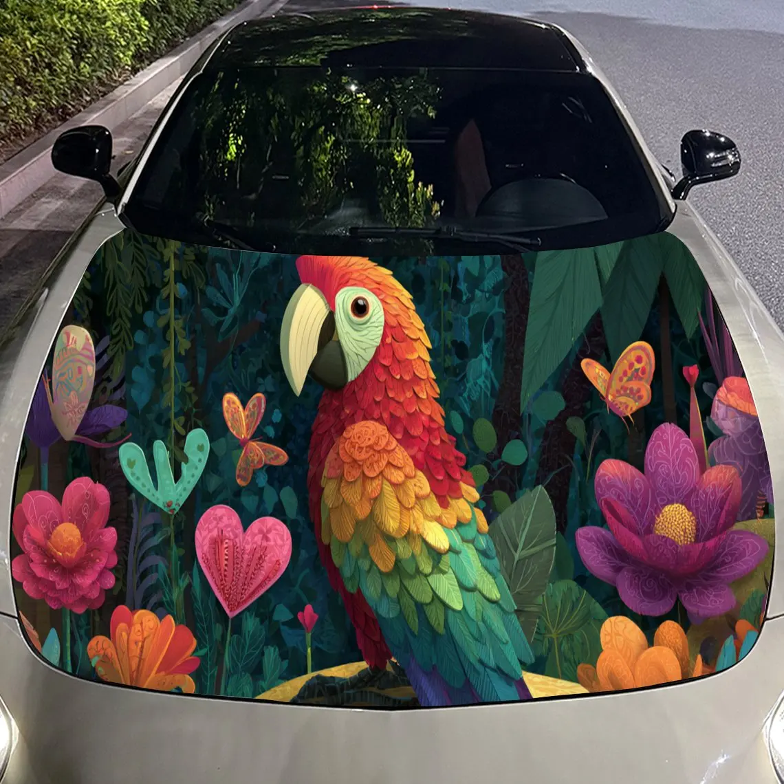 活気のあるオウムと花柄の車のボンネットステッカー - 自己粘着性、防水性、耐久性のあるビニールラップ、車を飾り、保護します。