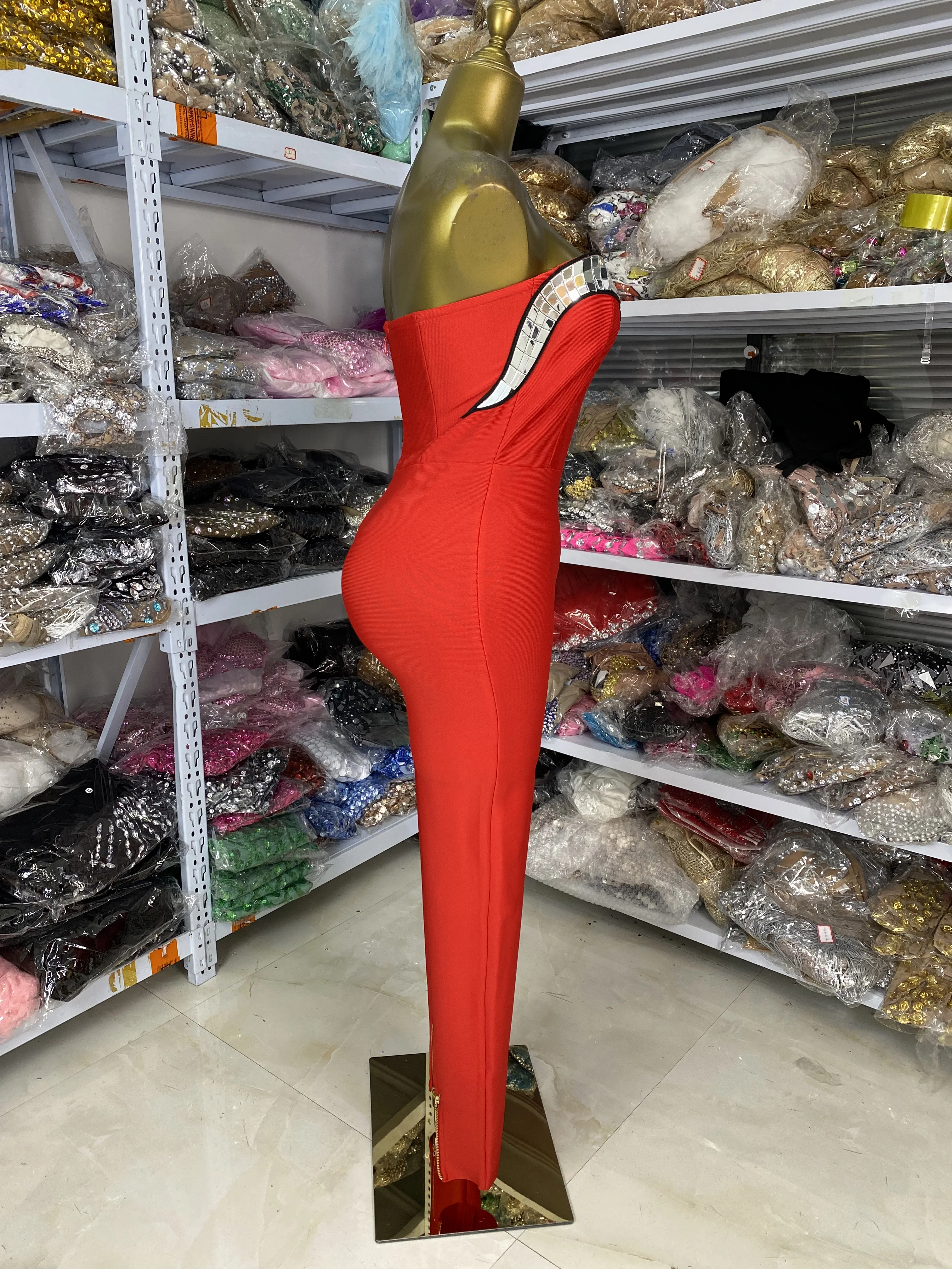 Women Red Tube Bandage Jumpsuits Sequines Embroidery crocodile traight Pants Rompers High Street Evening Club Party Dress
