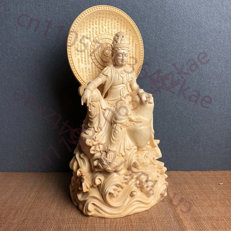 Hand Carved Hinoki Wood Water Moon Guanyin Statue Figurine - Relaxed Bodhisattva Ornament Spiritual Home Temple Altar Decor Gift