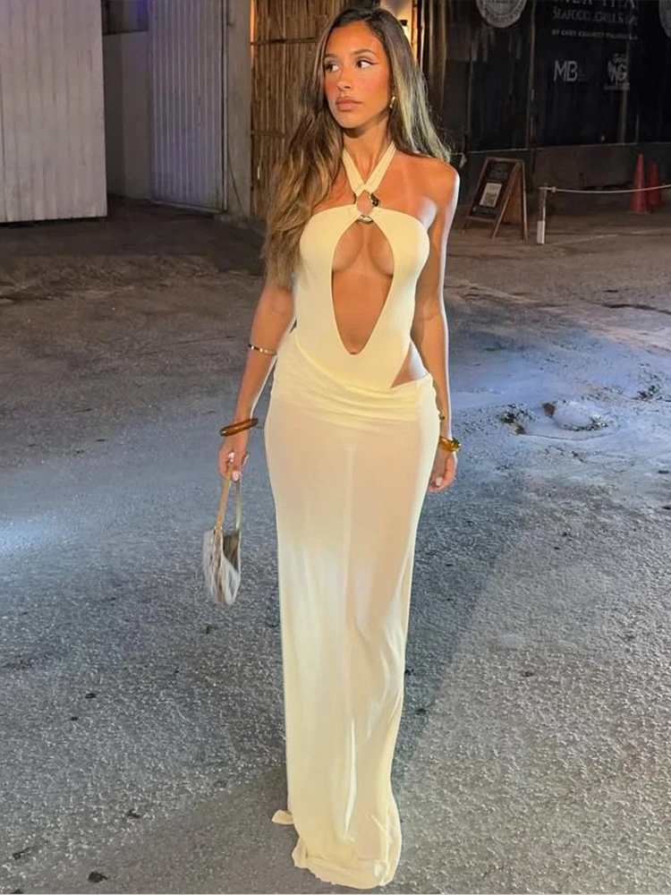 

Insglas See Through 2 Piece Set Women Sexy Halter Metal Patchwork Hollow Bodysuits+Solid Long Skirts Beach Party Elegant Suit