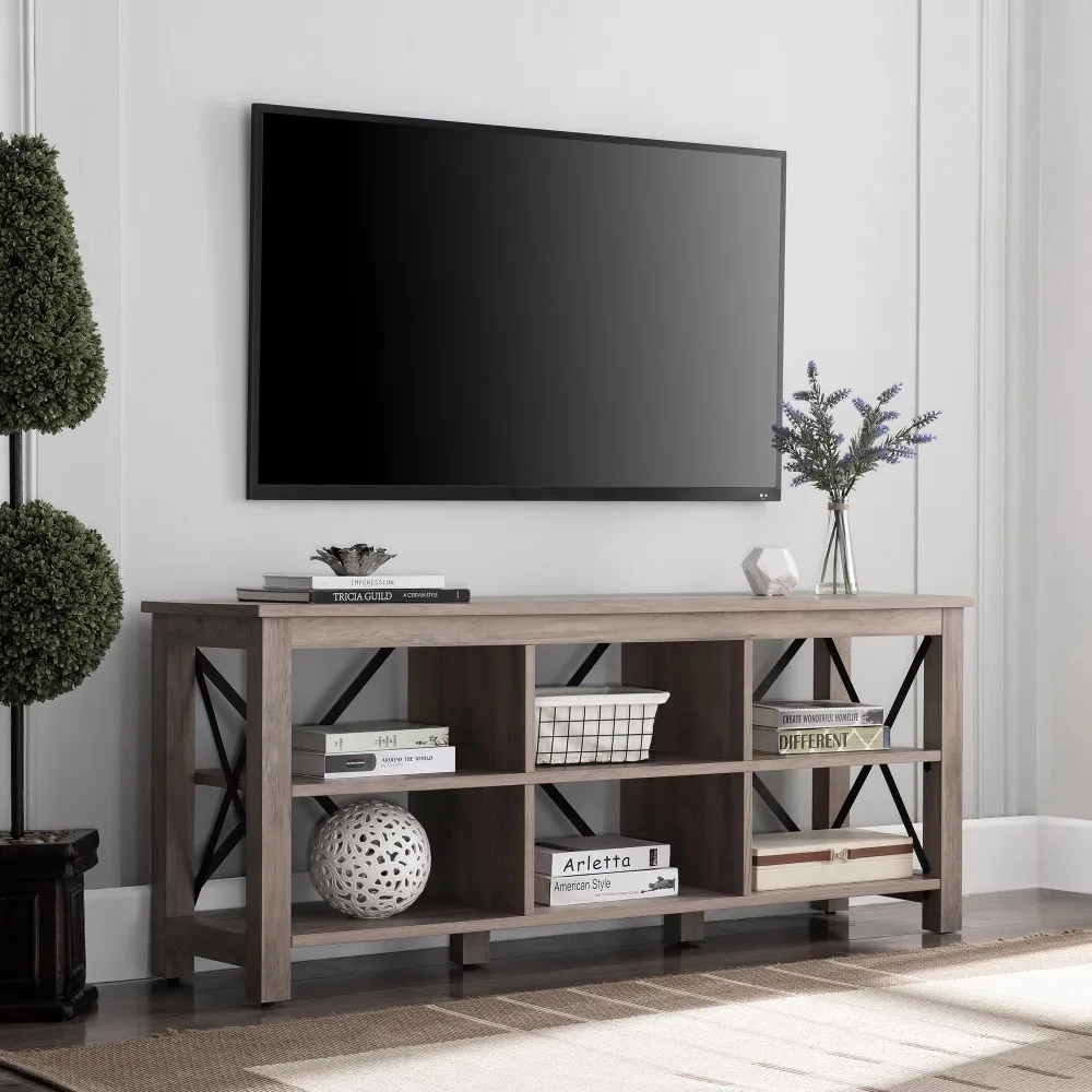 

Rectangular TV Stand for TV's Up to 65" Gray Oak Furniture Cabinet Table Supports Living Room Home