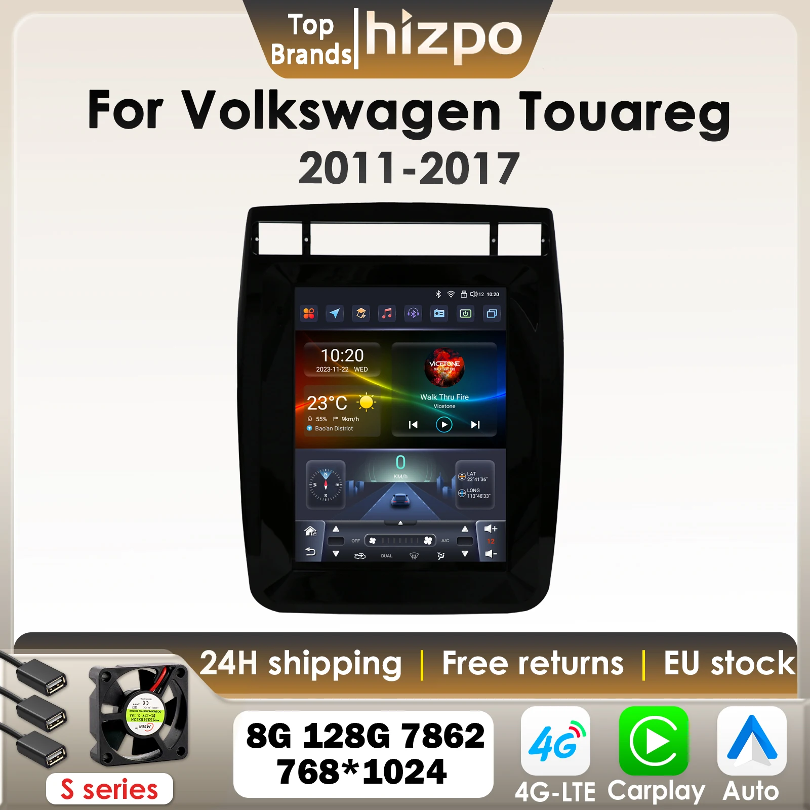 Hizpo 9,7-Zoll-Carplay-Android-Autoradio für Volkswagen VW Touareg 2011-2017 im Tesla-Stil, Auto-Multimedia-GPS 4G 360-Kamera 7862