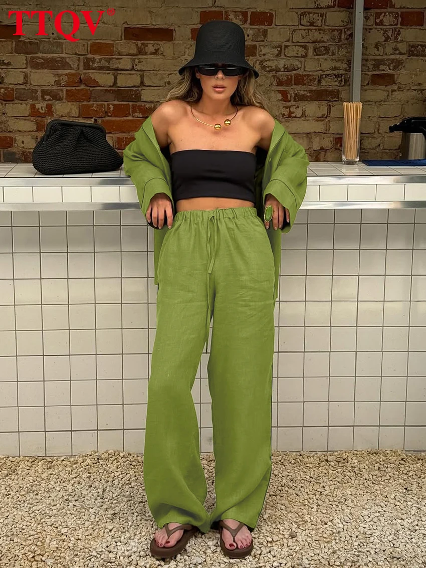 

TTQV Fashion Loose Green Cotton 2 Piece Set Women 2026 Spring Long Sleeve Shirt With High Waist Wide Pants Set Female Clothing