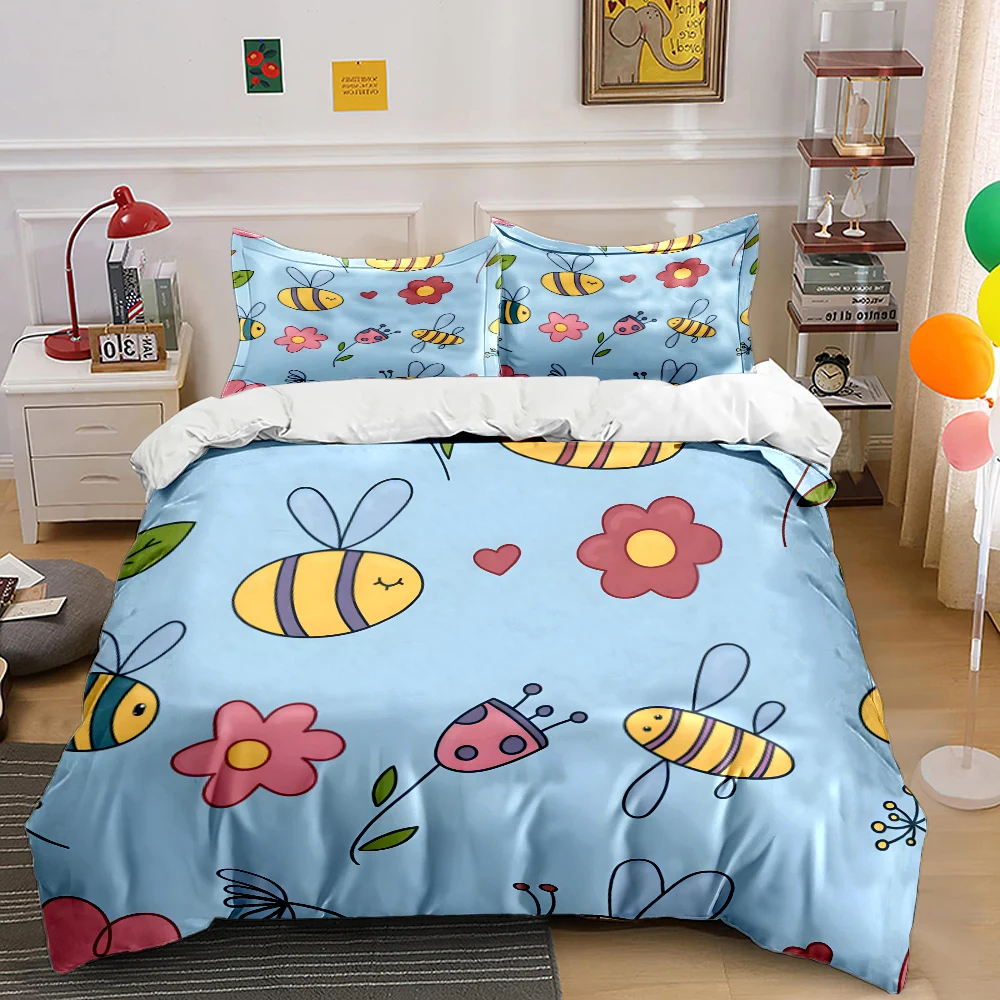 Illustrated bees and floral Pattern Duvet Cover Set Digital Print Colorful Polyester Bedding with Zipper Closur for kids gifts