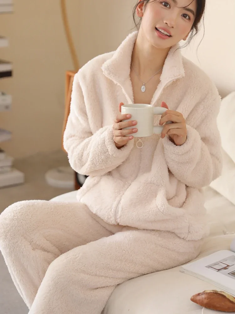 Pyjamas Frauen Herbst und Winter Homewear Frauen Reiß verschluss Strickjacke kann außerhalb Pyjamas doppelseitigen Fleece warmen Anzug dick getragen werden