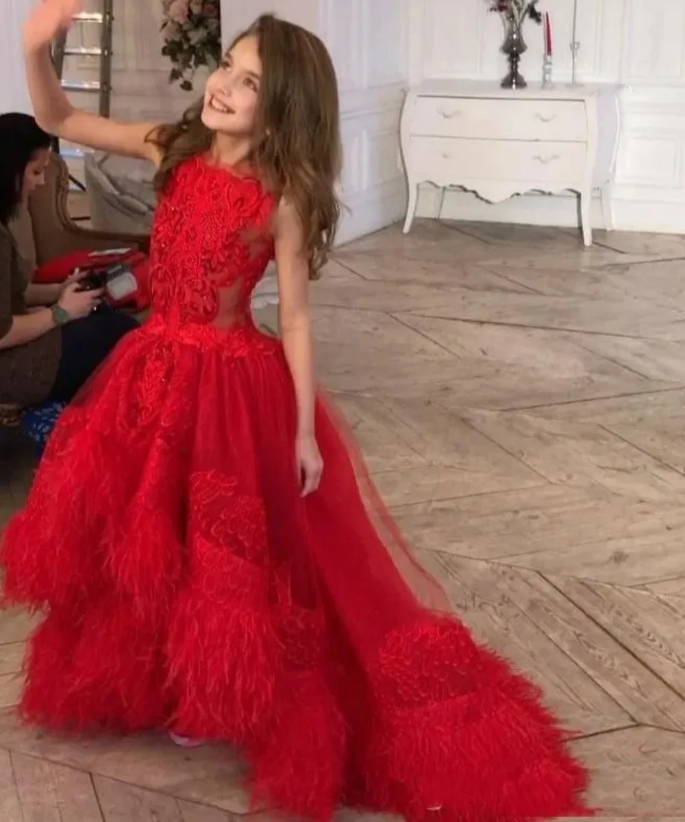 

Flower Girl Dresses Red Lace Appliques Crystal With Feather Kids Sweep Train Girls Pageant Dresses Christmas Birthday Gowns