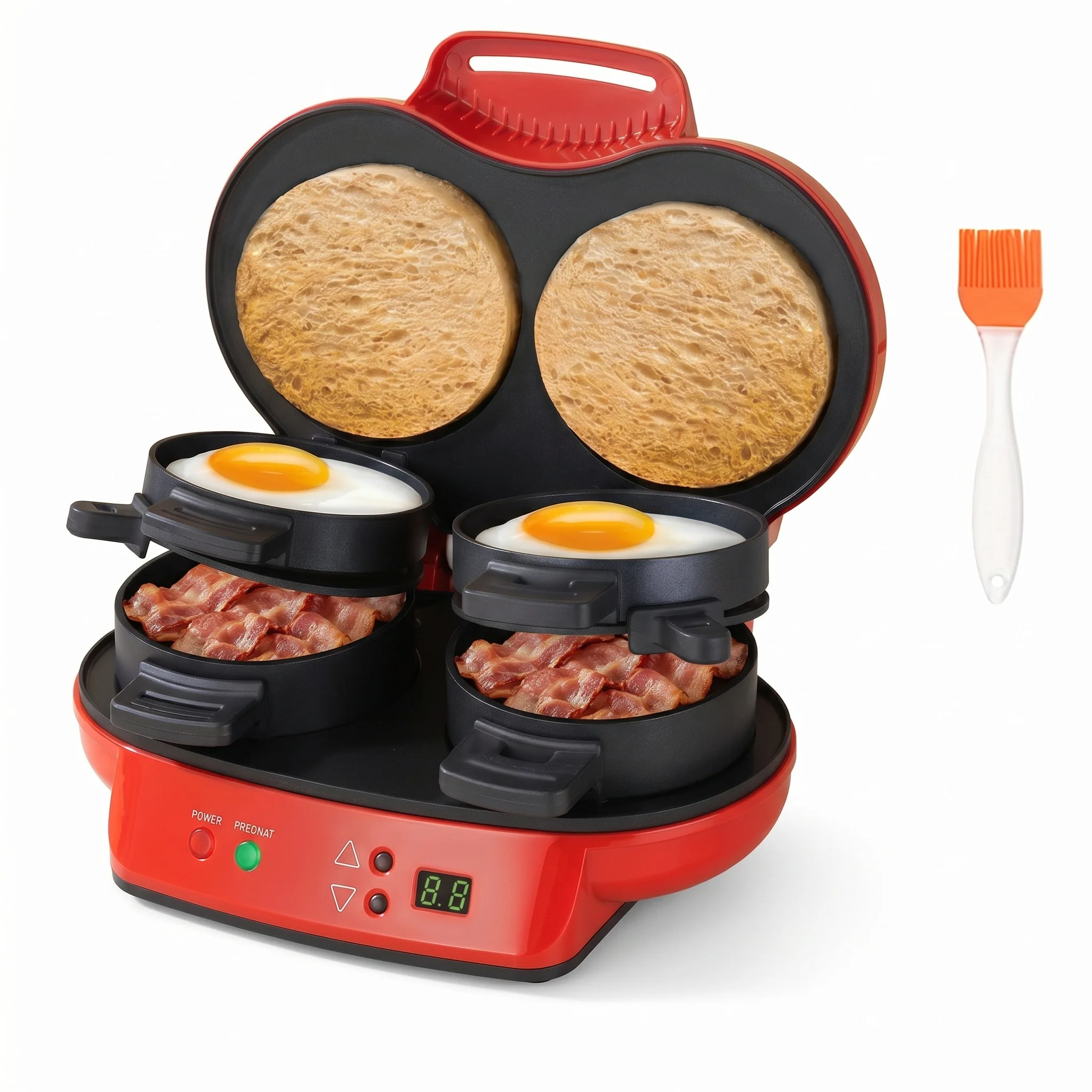 Image of Doppelte Kochkammern Frühstücksgerät für Hamburger, Sandwiches, Brot, Muffins, Antihaftplatten, Multifunktionale Burgermaschine mit Silikonölpinsel