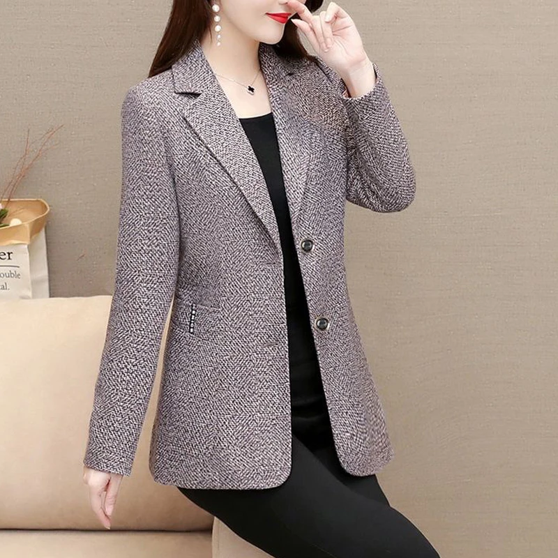 New Middle Aged Women Elegant Fashion Notched Neck Single Breasted Blazer Jacket Spring Autumn Casual Long Sleeve Slim Suit Coat