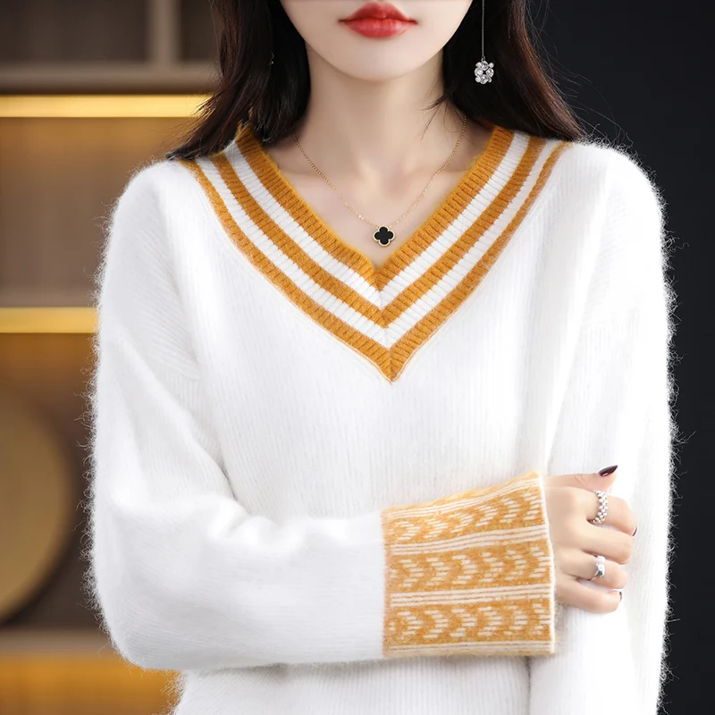 2023 Autumn/Winter New V-neck Women\'s Sweater 100% Pure Mink Cashmere Knitted Long Sleeve Pullover Women\'s Underlay Warm Top