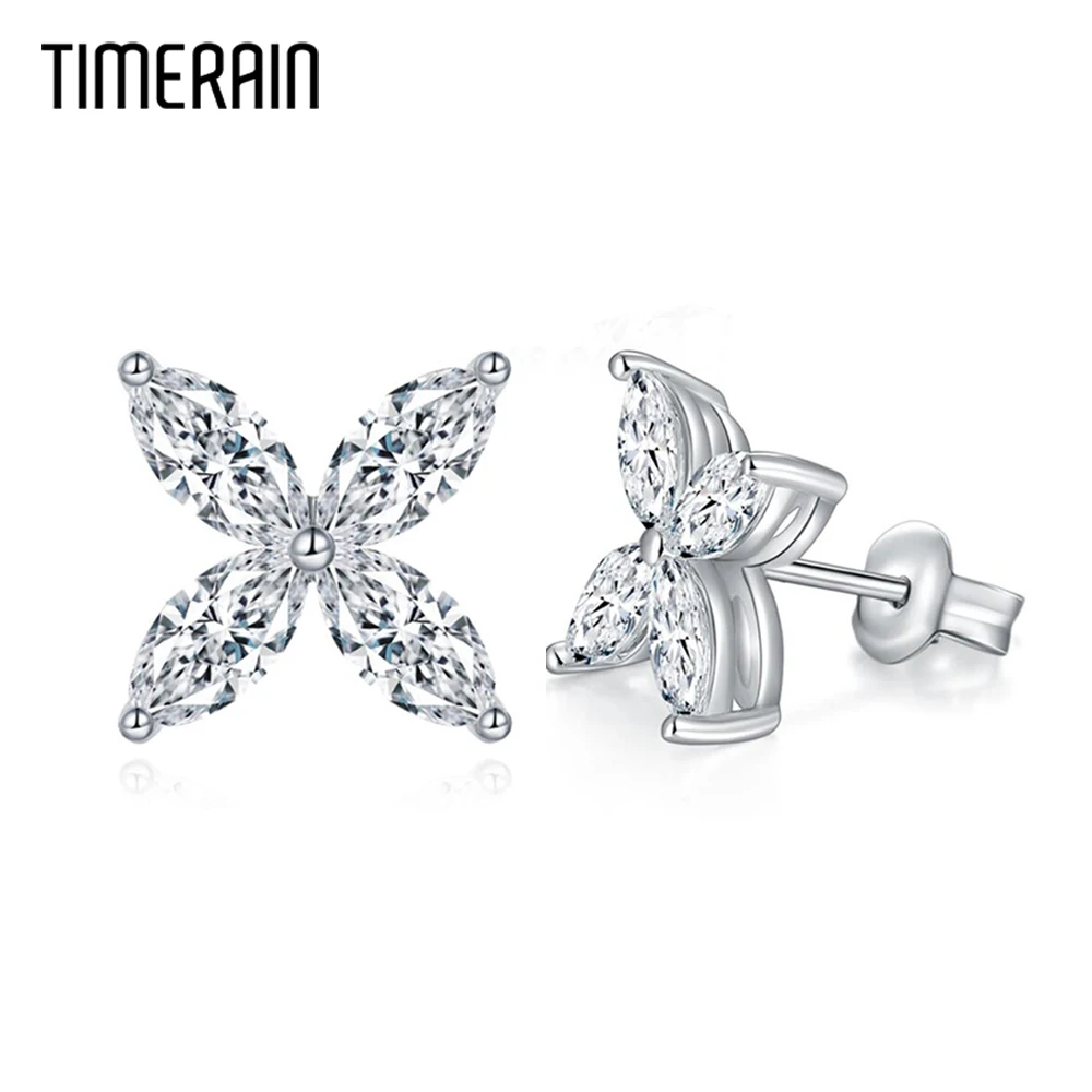 Four-leaf Clover Moissanite Stud Earrings For Women 925 Silver Plated 18k White Gold Marquise Cut Diamond Earring Fine Jewelry