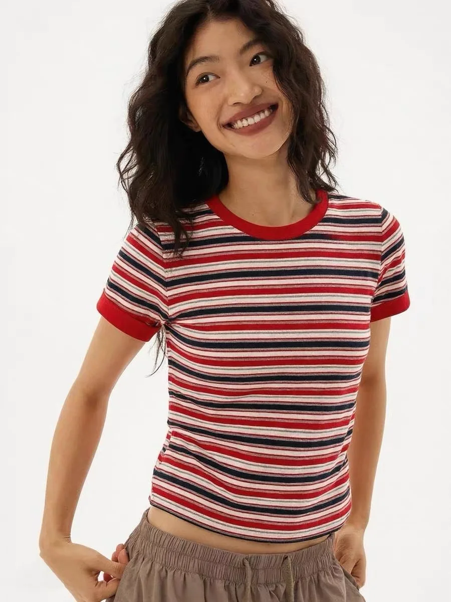 Luxury Elegant Red Striped Shoulder-Fitted Short Sleeve T-Shirt Women Unique Stylish Summer New Casual Tops