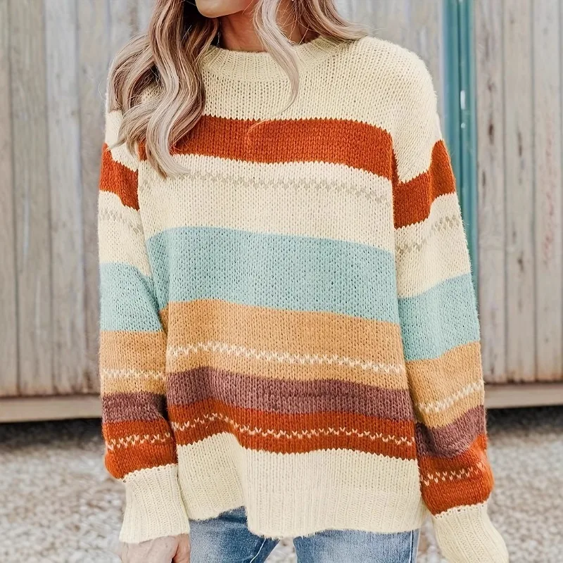 

Women's Loose Crew-neck Knitted Sweater with Stripes, Color Blocking and Printing for Autumn and Winter, Made of Fine Wool
