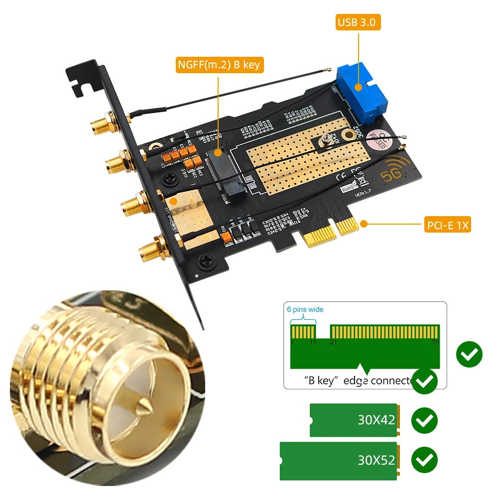 M.2 Wifi Module to PCIE X1 / USB 3.0 Expansion Card 4 Antennas NANO SIM Slot NGFF B Key for 30x42/52 3G 4G 5G M2 Wireless Module