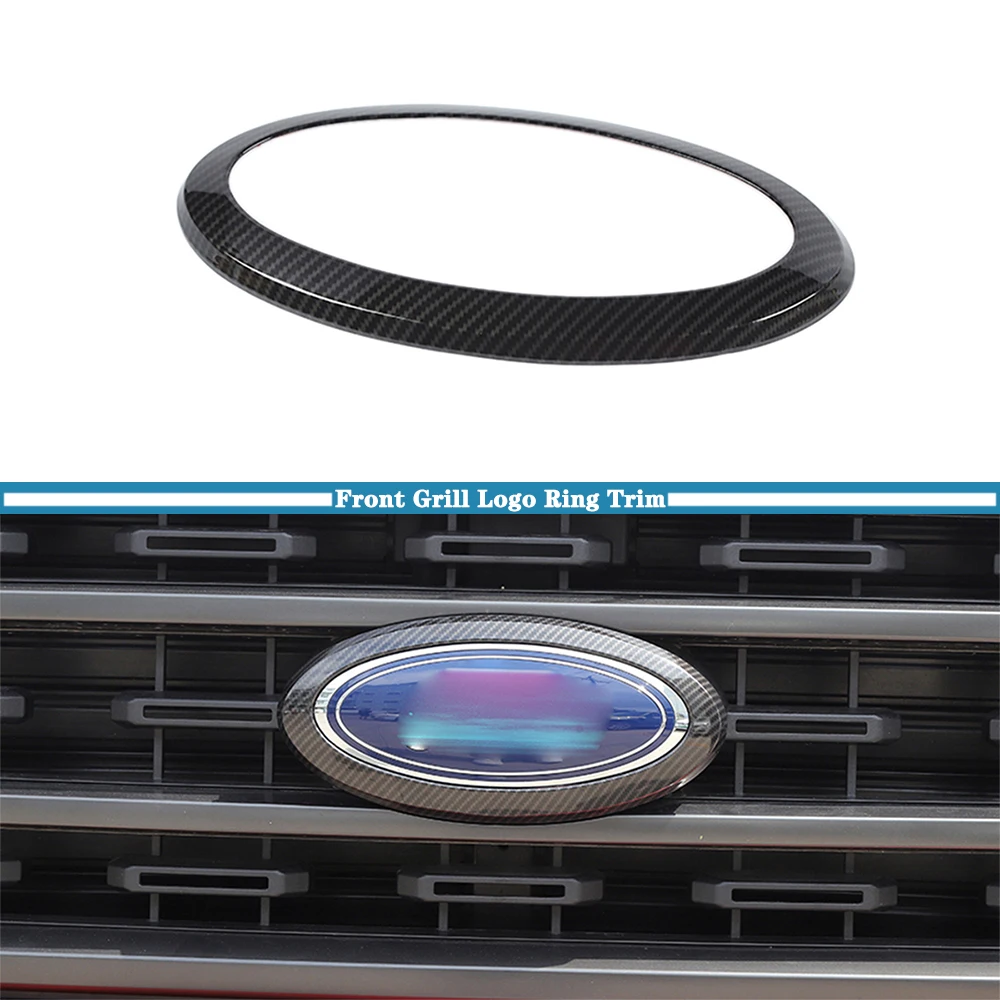 Front Grill Logo Emblem Badge Decoration Cover Trim for Ford F150 F-150 2021 2022 2023 Exterior Accessory ABS Carbon Fiber Look