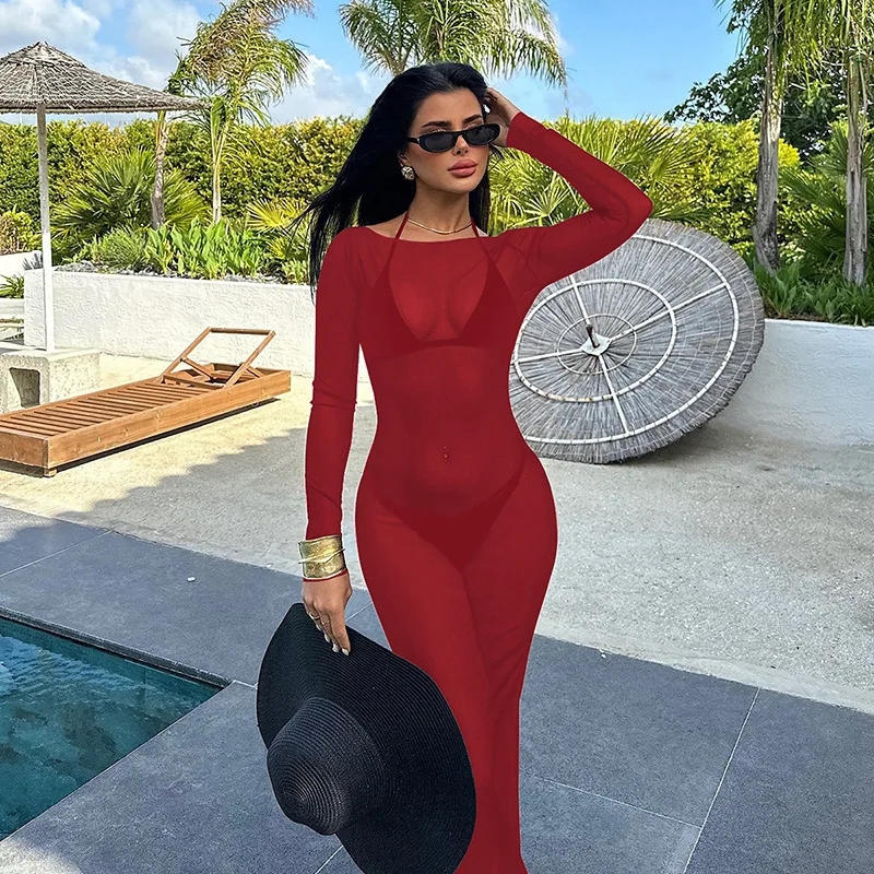 

European-Style Women's Summer Trendy Hot Girl Fitted Net-See-Through One-Shoulder Long-Sleeved Clothing