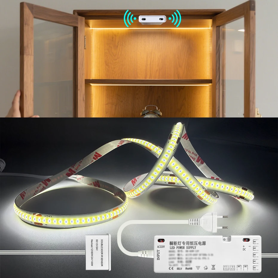 Bande lumineuse LED COB 1m-5m DC12V avec interrupteur à double capteur de porte et support adhésif pour étagère en verre sous armoire ou garde-manger