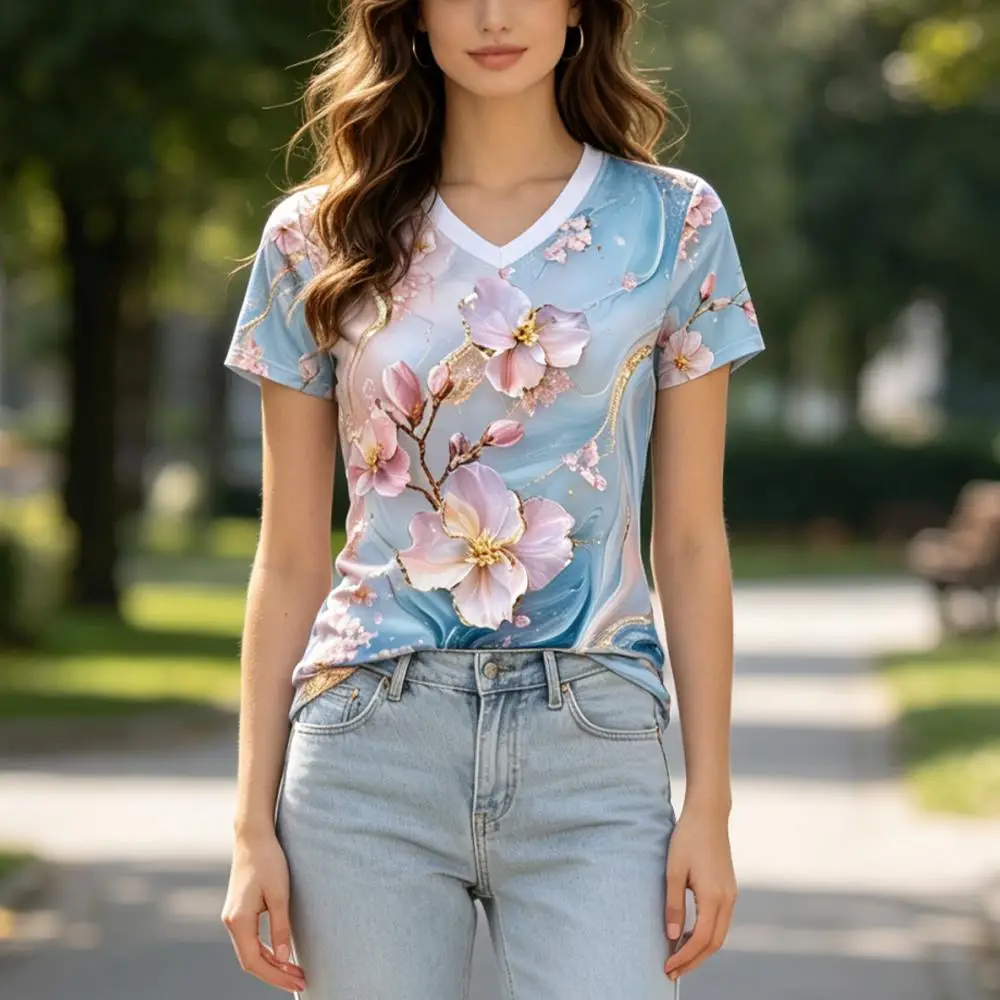 Elegant Pink Cherry Blossom Print V‑Neck T‑Shirt Women's Marble Gold Ink Swirl Top Ladies Summer Casual Graphic Short-sleeved