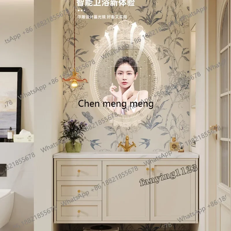 6239  Oak French retro bathroom cabinet combination wash basin cabinet smart mirror rock slab seamless basin