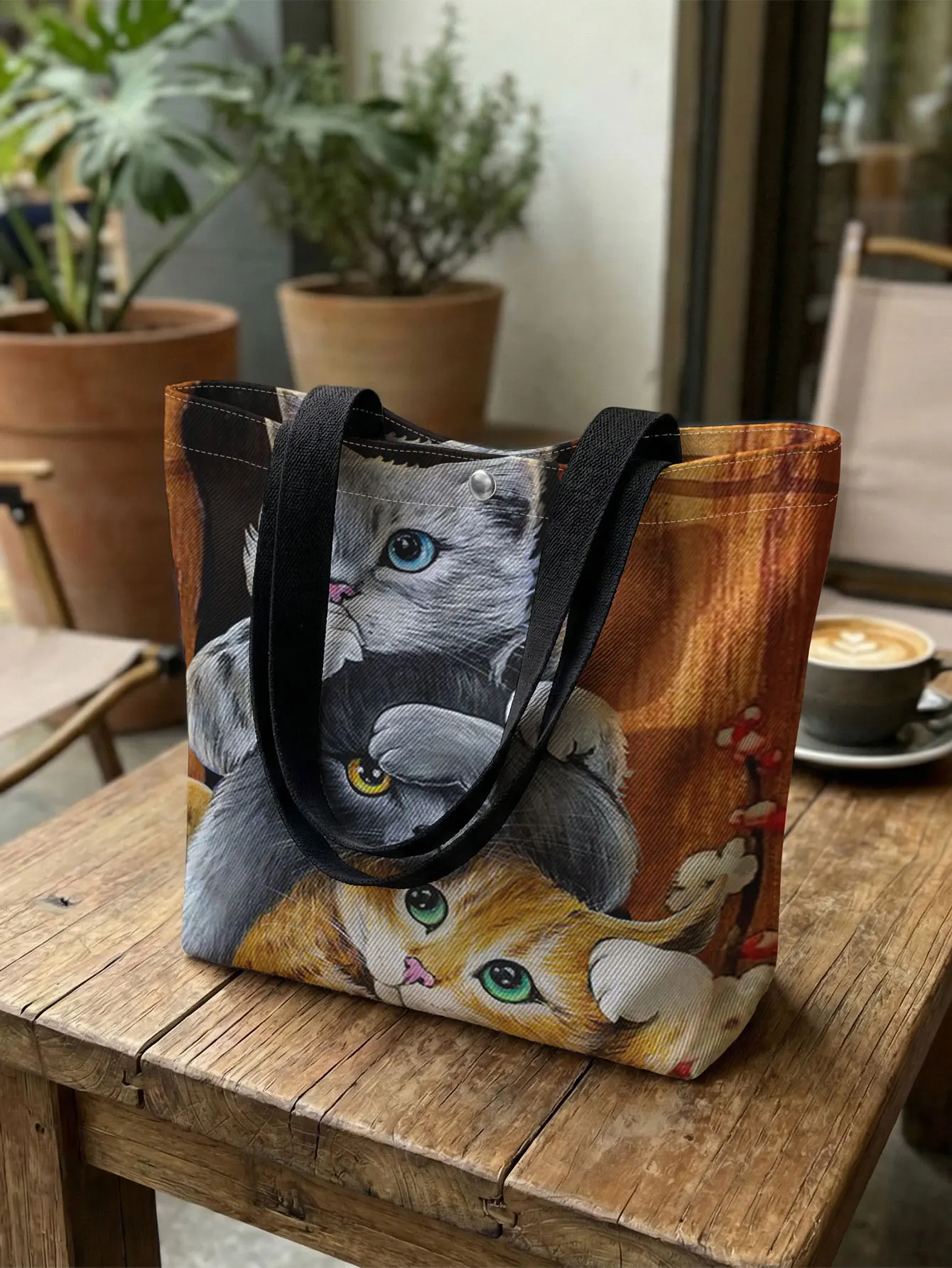 Cute Three Kittens Print Tote Bag Large Capacity Canvas Shoulder Bag For Shopping Travel Daily Use