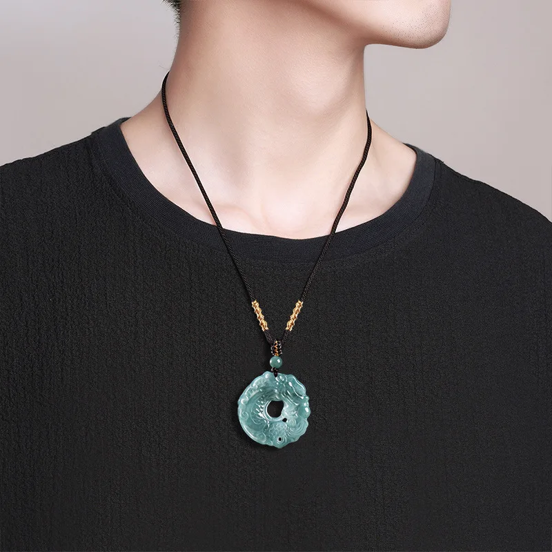 Authentic Natural A-grade Jade Blue Water Dragon Fish Safety Buckle Pendant Glutinous Jadeite Men's High-end Jadeite Pendant