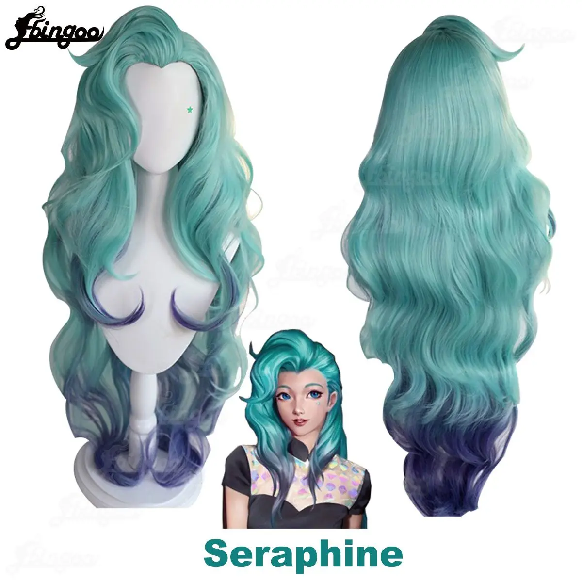 Ebingoo Synthetic Wig Game LOL KDA Seraphine Cosplay Wig Gradient Long High Temperature Resistance Hair Wigs For Hollaween Party